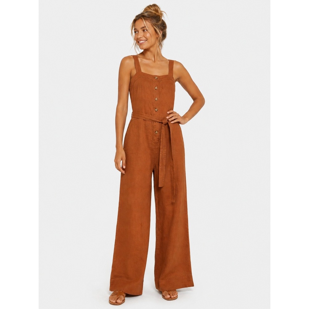 NWOT Everlane Linen Button Minimalist Jumpsuit Rust Orange Wide Leg 6 S New